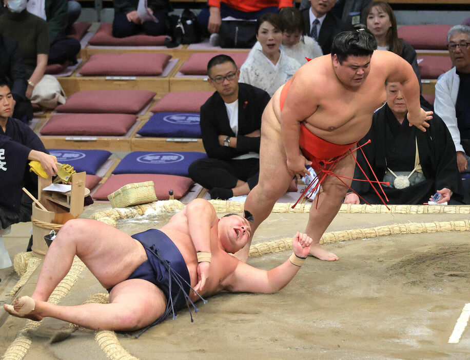 嘉陽（右）が引き落としで北の若を破る（カメラ・池内　雅彦）