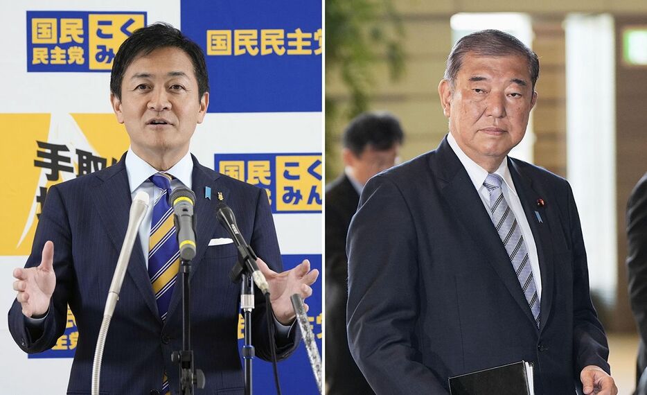 自民党総裁の石破首相（右）と国民民主党の玉木代表＝2024年10月31日 - 写真＝共同通信社