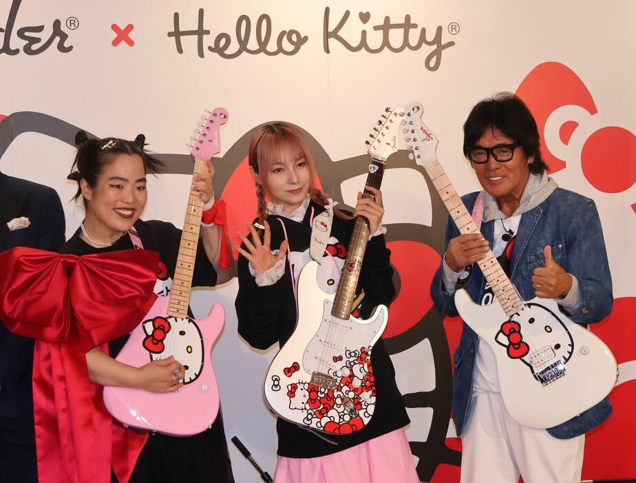 「Ｆｅｎｄｅｒ　Ｆｌａｇｓｈｉｐ　Ｔｏｋｙｏ×ハローキティ　製品発表会」に出席した（左から）ゆりやんレトリィバァ、ＭＡＭＩ、松崎しげる