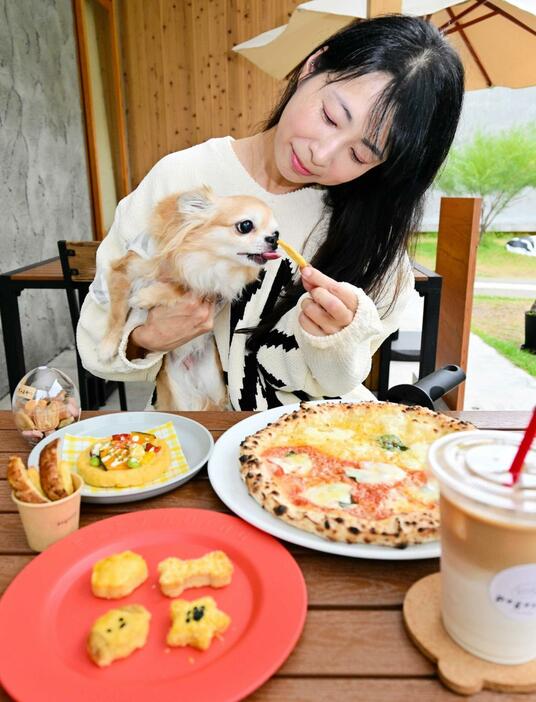 コロッケやポテトそっくりに作られたわんちゃん用メニューを楽しむ愛犬家＝洲本市本町７