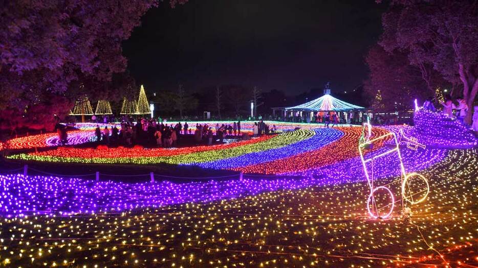 音楽祭をイメージしたイルミネーションで彩られた園内＝２３日午後５時３５分、海津市海津町油島、木曽三川公園センター