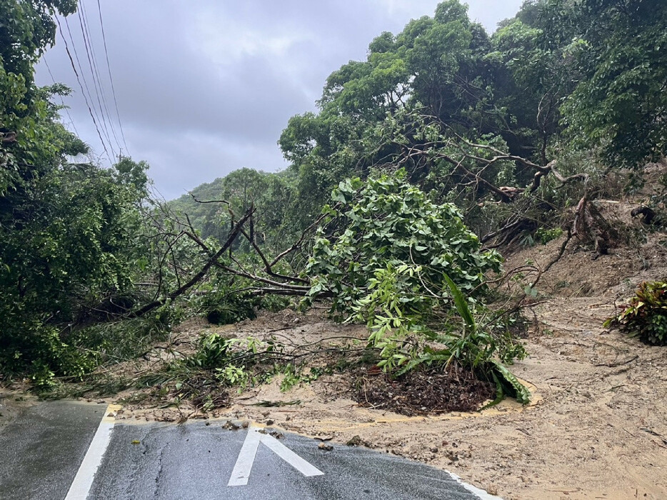 気象庁は鹿児島県与論町（与論島）に出していた大雨特別警報を午後２時に大雨警報に切り替えた。写真は大雨により発生した県道での崖崩れ＝９日午前、同町（同県提供）