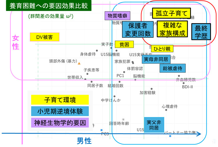 養育が困難となり受刑者になった人々への調査から、社会的・家庭環境の要因がどのように影響を与えているかを男女別で可視化した表（黒田さん提供）