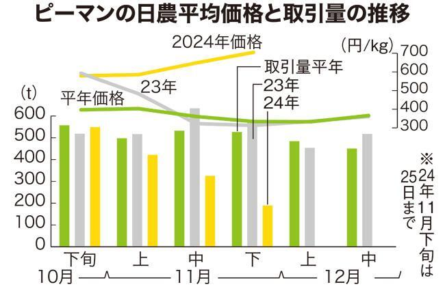 ピーマンの日農平均価格と取引量の推移