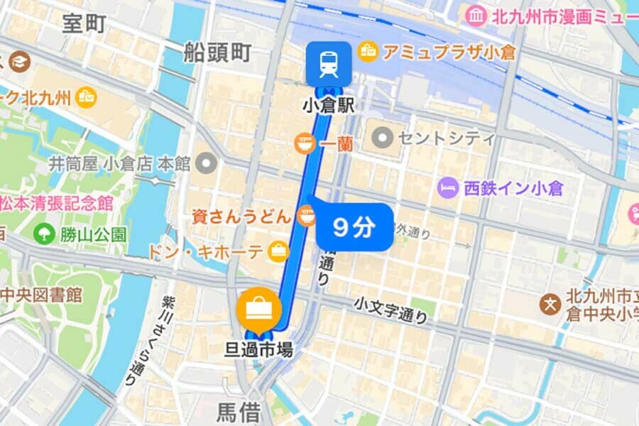 旦過市場の位置。小倉駅から徒歩9分、600m（画像：Merkmal編集部）