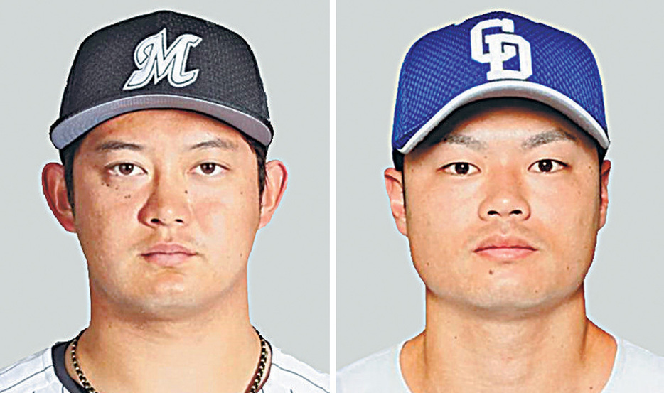 ベストナインに選出された佐藤都志也捕手（左）と細川成也外野手