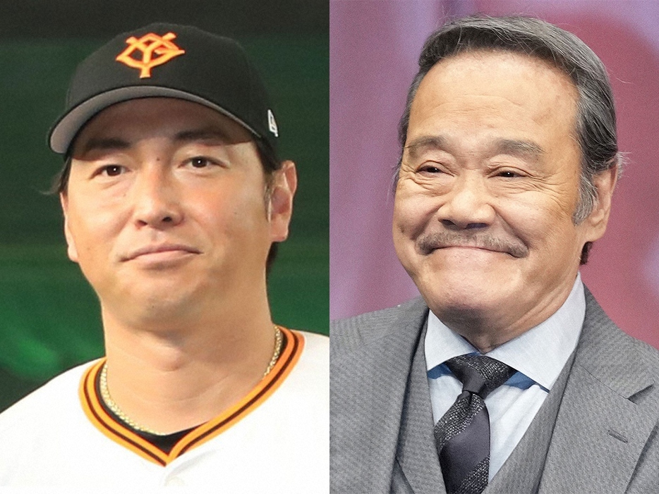 （左から）巨人・長野久義と西田敏行さん