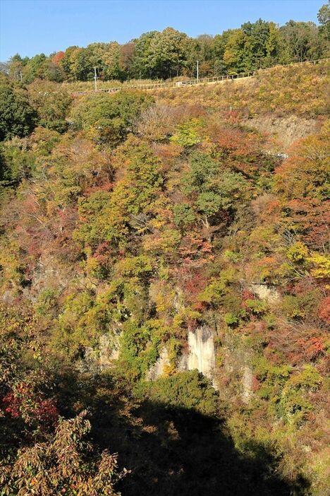 青空の下、秋色が映える雪割渓谷＝４日午前