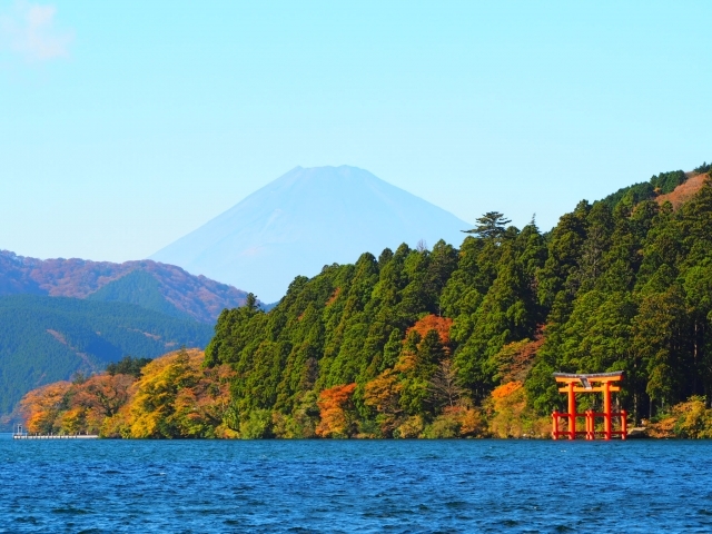 紅葉に色づく山々と芦ノ湖。手前には箱根神社の鳥居、背景には富士山が望める絶景スポット