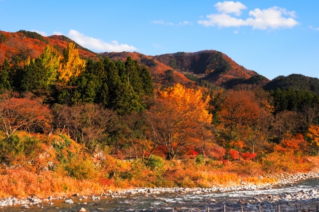 諏訪峡遊歩道のスタート地点、清流公園から望む紅葉。近くにある道の駅みなかみ水紀行館では、地産地消の食事も楽しめる