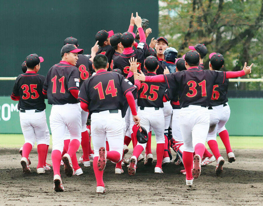 優勝をきめマウンドで喜ぶ新潟ナイン