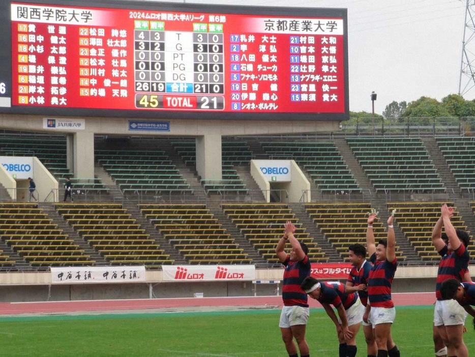 ＜関学大・京産大＞圧勝し喜ぶ関学大フィフティーン（撮影・千田　篤史）