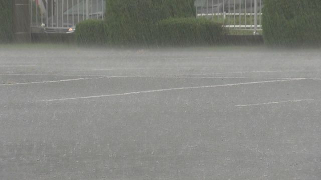 路面に打ち付ける雨＝2日午前11時半ごろ、福井市大和田