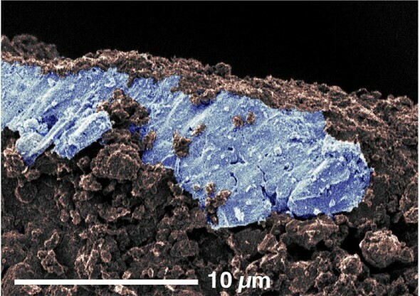 リュウグウの砂表面で発見されたナトリウム炭酸塩脈（青色）の擬似カラー電子顕微鏡画像