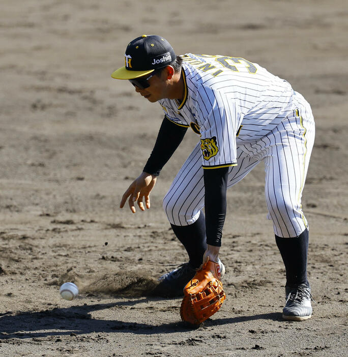 サインプレーの練習で一塁守備につく井上（撮影・藤尾明華）