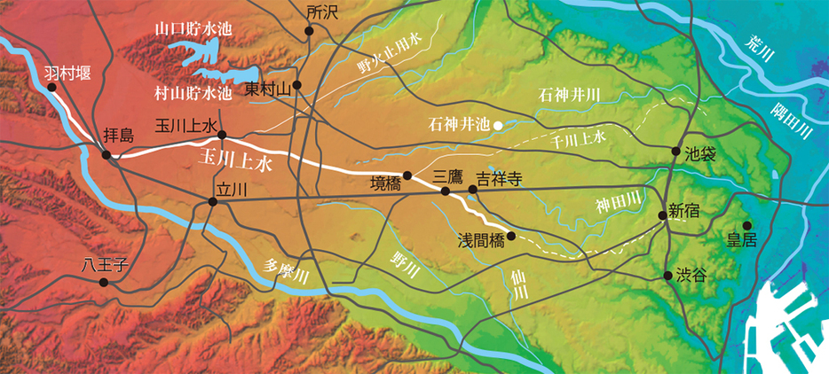 少し太い白線が玉川上水の流れ（地理院地図vectorを加工して作成／山と溪谷社）