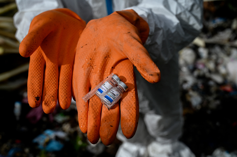 インドネシア・アチェ州の海岸で、水中に含まれるマイクロプラスチックの量を調べるボランティア＝２０２２年６月（ＡＦＰ時事）