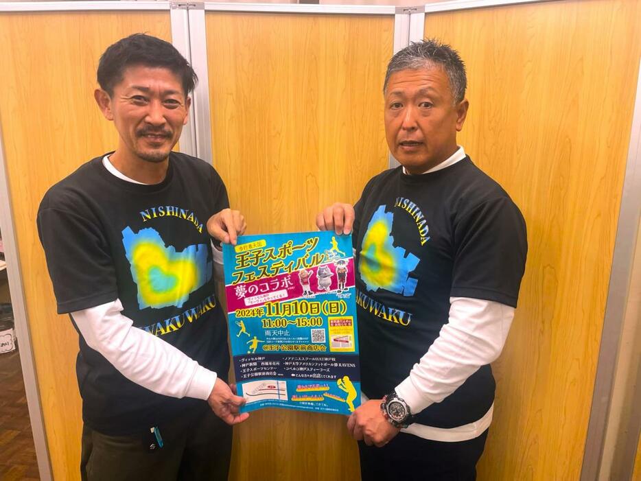 完成したポスターをもつNPO法人「わくわく西灘」の松本敏治さん（右）伊井 統章さん（左）