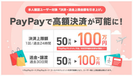 1回あたりの決済上限額を50万円から100万円に引き上げ