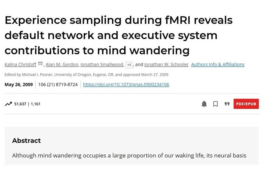 論文「Experience sampling during fMRI reveals default network and executive system contributions to mind wandering（fMRI中の経験サンプリングにより、デフォルト・ネットワークとエグゼクティブ・システムの、心のはぐれへの寄与が明らかになる）」（画像：PNAS）