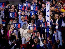 <p>Iowa delegates cheer during a ceremonial roll call vote during the Democratic National Convention (DNC) </p>