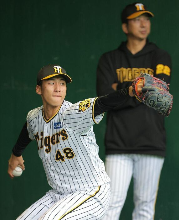 藤川球児監督が見守る中、投球する阪神・茨木秀俊＝安芸市営球場（撮影・根本成）