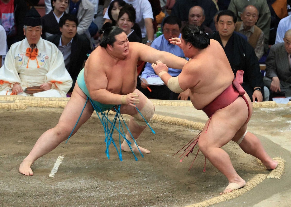 ＜大相撲九州場所12日目＞琴桜は大栄翔（右）を押し出しで破る（撮影・岸　良祐）