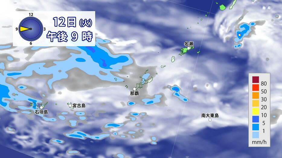 12日(火)午後9時の雨雲の予想