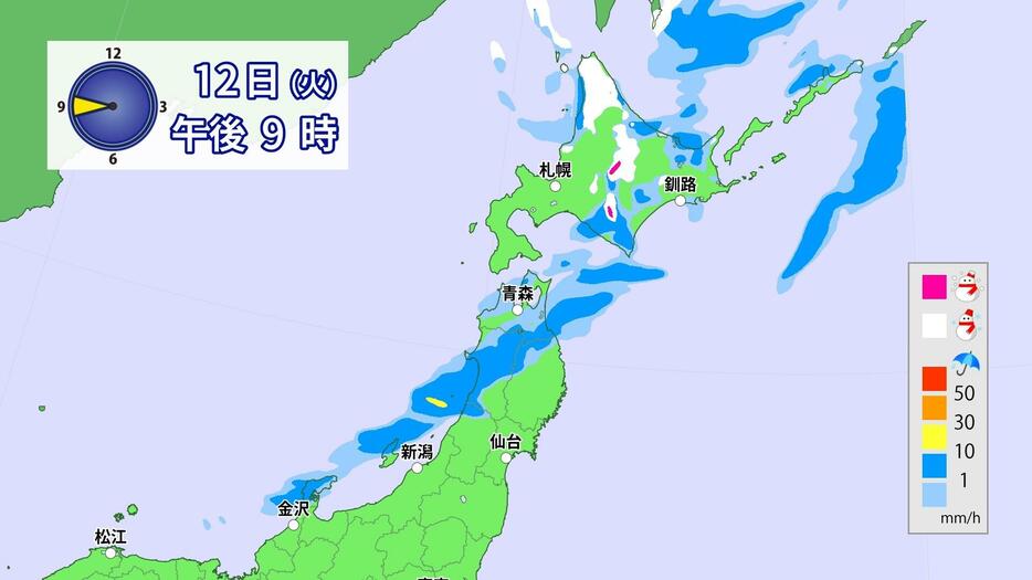 12日(火)午後9時の雨・雪の予想