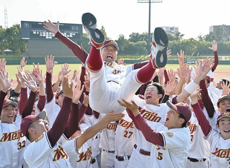 東海地区・北陸・愛知３連盟王座決定戦で優勝しナインに胴上げされる名城大の安江監督