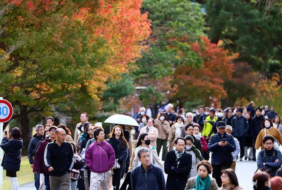 乾通りの一般公開が始まり、見頃となった紅葉を楽しむ人たち＝令和5年11月25日午前、皇居内（斉藤佳憲撮影）