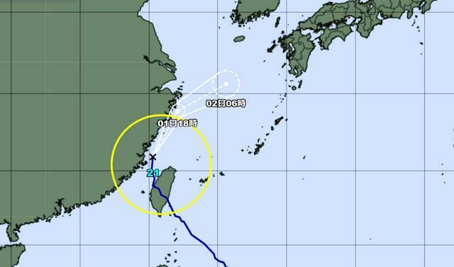 1日午前6時時点の台風21号の進路予想図=気象庁のホームページから