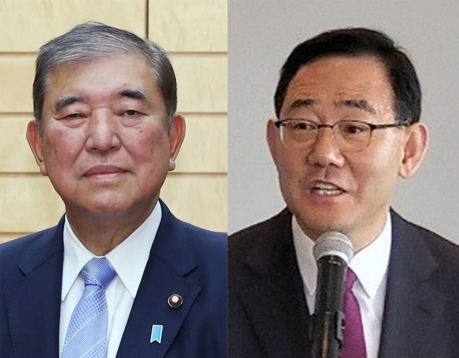 石破茂首相（写真左）と韓日議員連盟の朱豪英会長