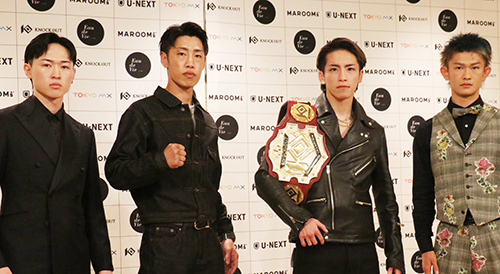 55kgTに挑む左から元KNOCKOUT-Sバンタム級王者・古村光、スックワンキントーン同級王者・森岡悠樹、現KNOCKOUT RED-同級王者・壱・センチャイジム、イノベーションフェザー級1位・前田大尊