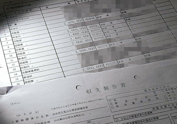 2021年の自民党山口県連の政治資金収支報告書。200万、300万円台の活動費が繰り返し友田幹事長に渡っているが、使途は明らかになっていない（画像の一部を修整しています）