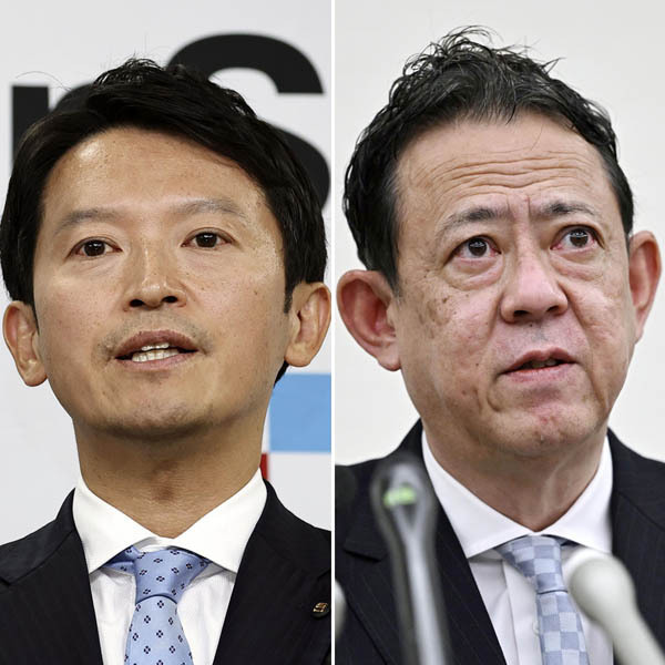 「代理人に聞いて」を連発する斉藤元彦兵庫県知事（左）、「記事書き換え」を知らなかったとは奥見司弁護士（Ｃ）共同通信社