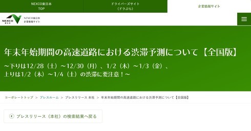 年末年始期間における、全国の高速道路の渋滞予測を発表（画像はプレスリリースより、以下同）