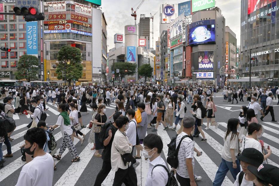 東京・渋谷のスクランブル交差点を行き交う人たち＝2022年