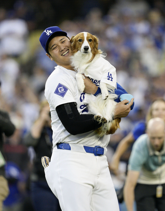 　オリオールズ戦で「始球式」を行い、大谷に抱えられる愛犬のデコピン＝８月２８日（提供・共同通信社）