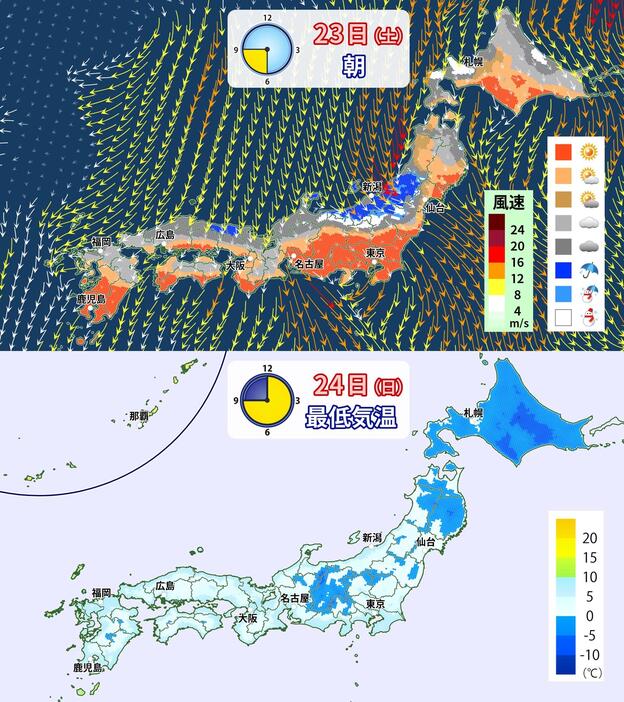 上：23日(土)の天気分布と風の予想／下：24日(日)の予想最低気温分布