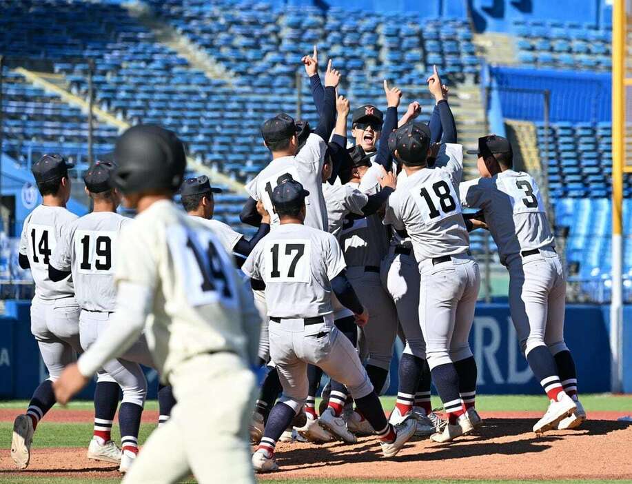 優勝し喜ぶ横浜ナイン＝神宮球場（撮影・田村亮介）