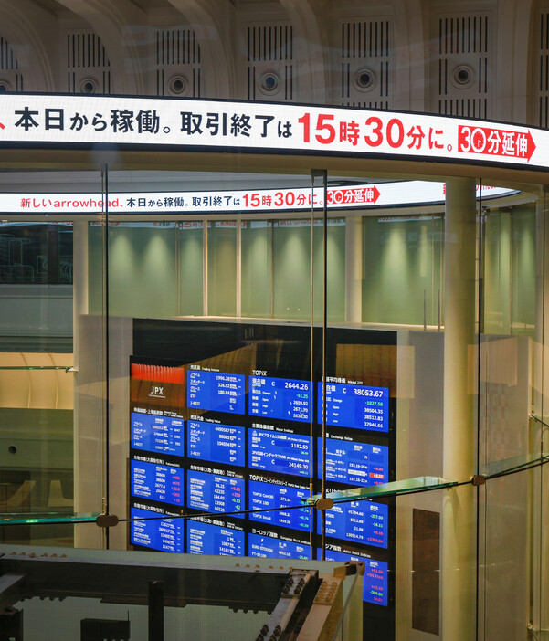 東証は５日、株式の取引時間を３０分延長し、終了時刻を従来の午後３時から同３時半とした。終了時間を延ばすのは７０年ぶり。写真は、株式の取引時間延長を告知する東証の掲示＝同日午前、東京都中央区