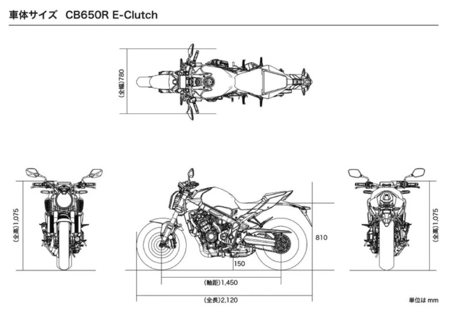 車体サイズの例（ホンダ・CB650R E-クラッチの場合）