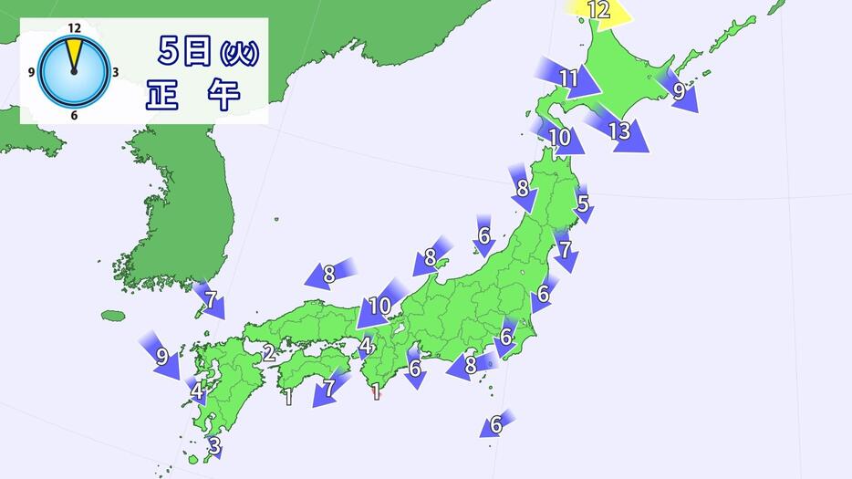 5日(火)正午の風の予想