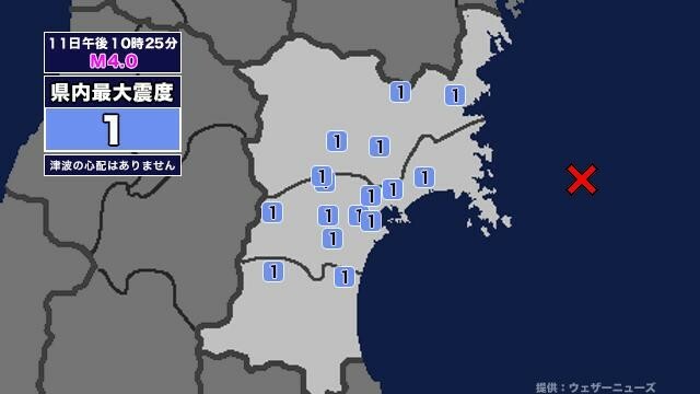 【地震】宮城県内で震度1 宮城県沖を震源とする最大震度2の地震が発生 津波の心配なし