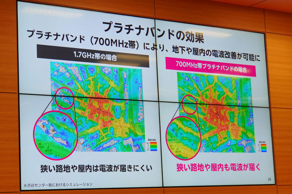 ビル内などへの浸透を上げる効果があるというプラチナバンド。写真は渋谷でのシミュレーション結果