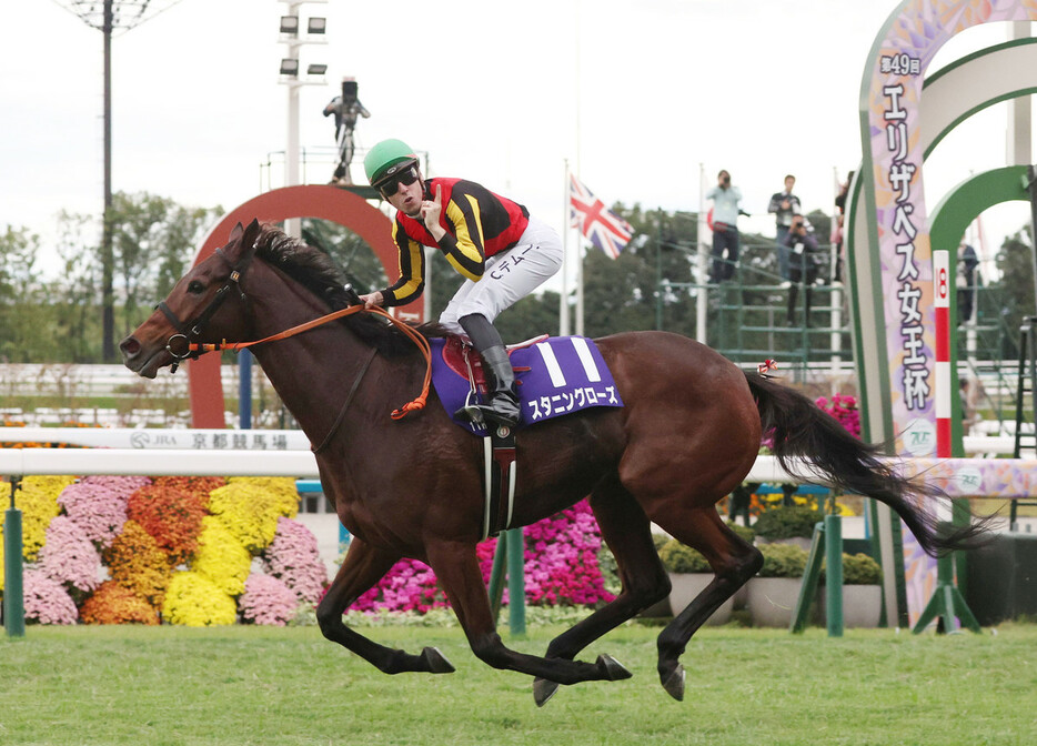 第４９回エリザベス女王杯を制したクリスチャン・デムーロ騎乗のスタニングローズ＝１０日、京都競馬場