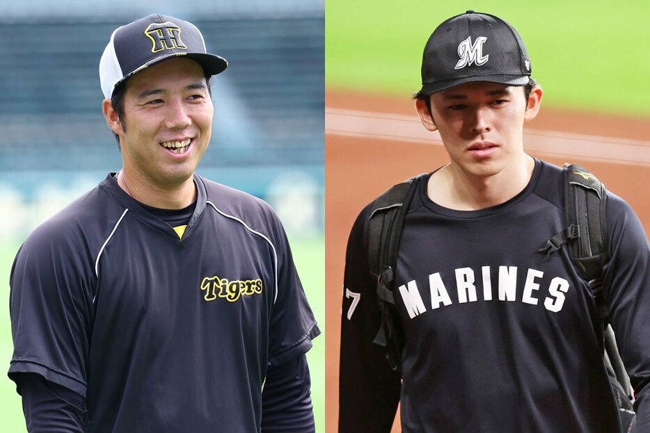 ともに今オフのＭＬＢ挑戦を目指す阪神・青柳晃洋(左)と、ロッテ・佐々木朗希