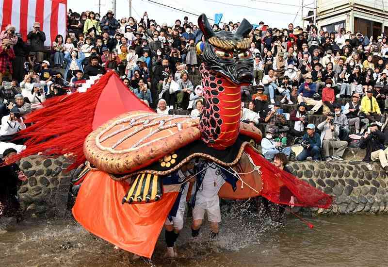 砥崎河原を走り回り、勇壮な演舞を披露する亀蛇＝23日、八代市（石本智）