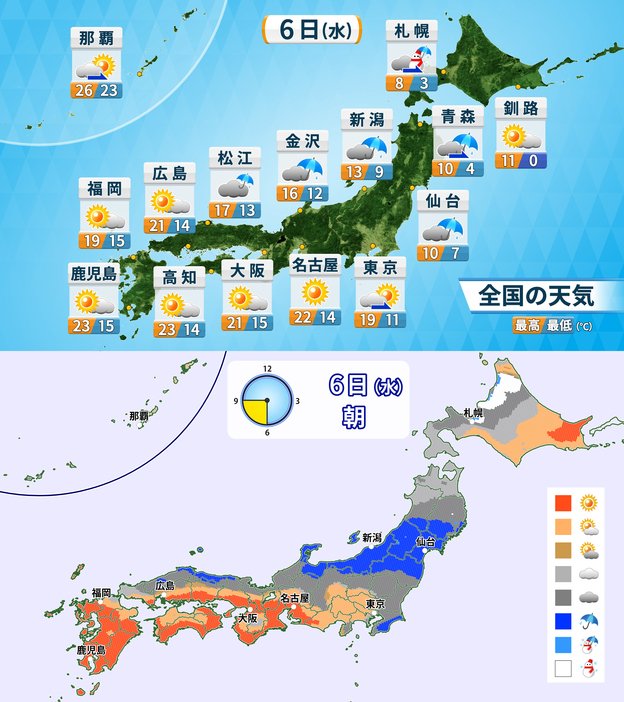 6日(水)の天気・気温と朝の天気分布